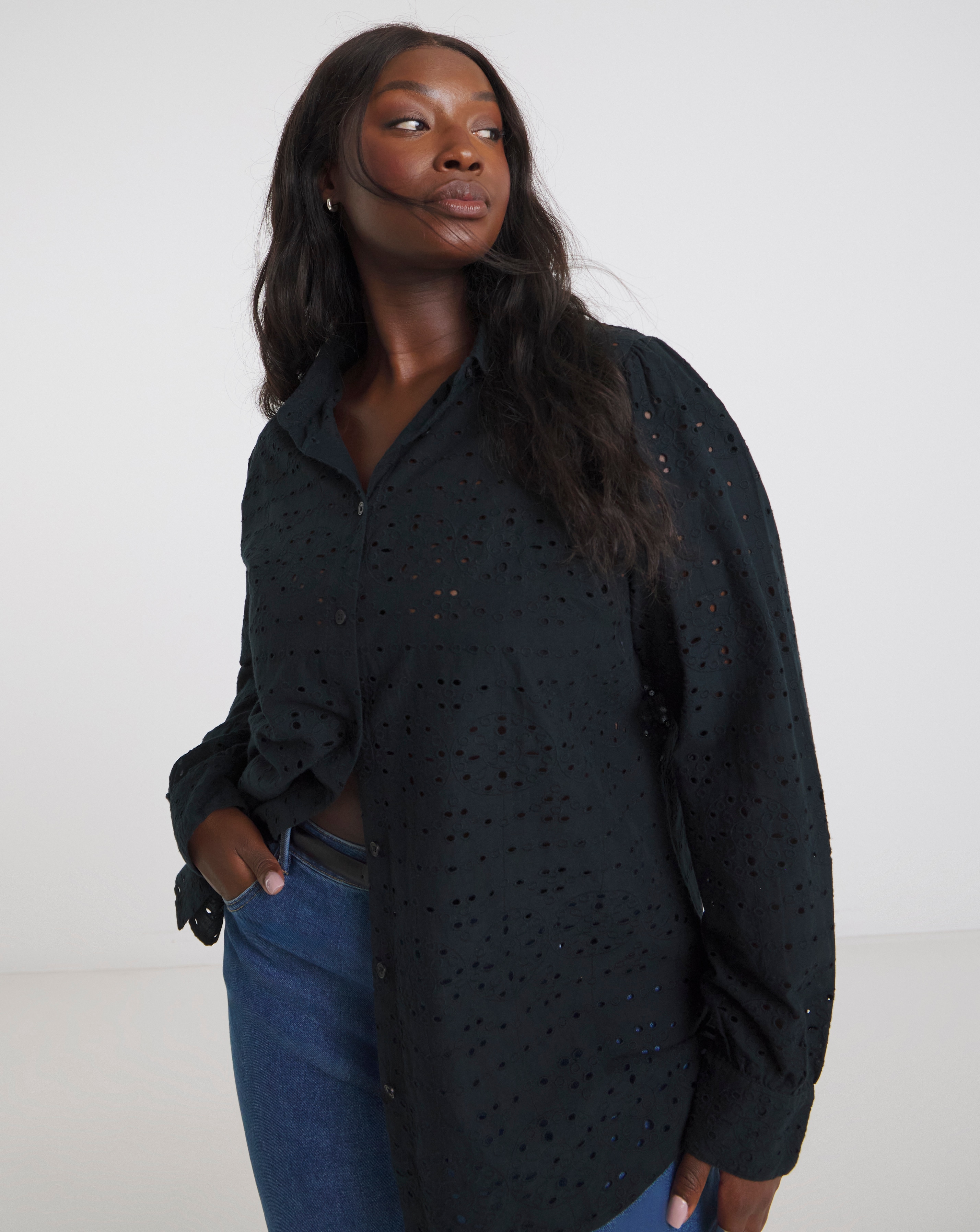 Black Broderie Long Sleeve Shirt