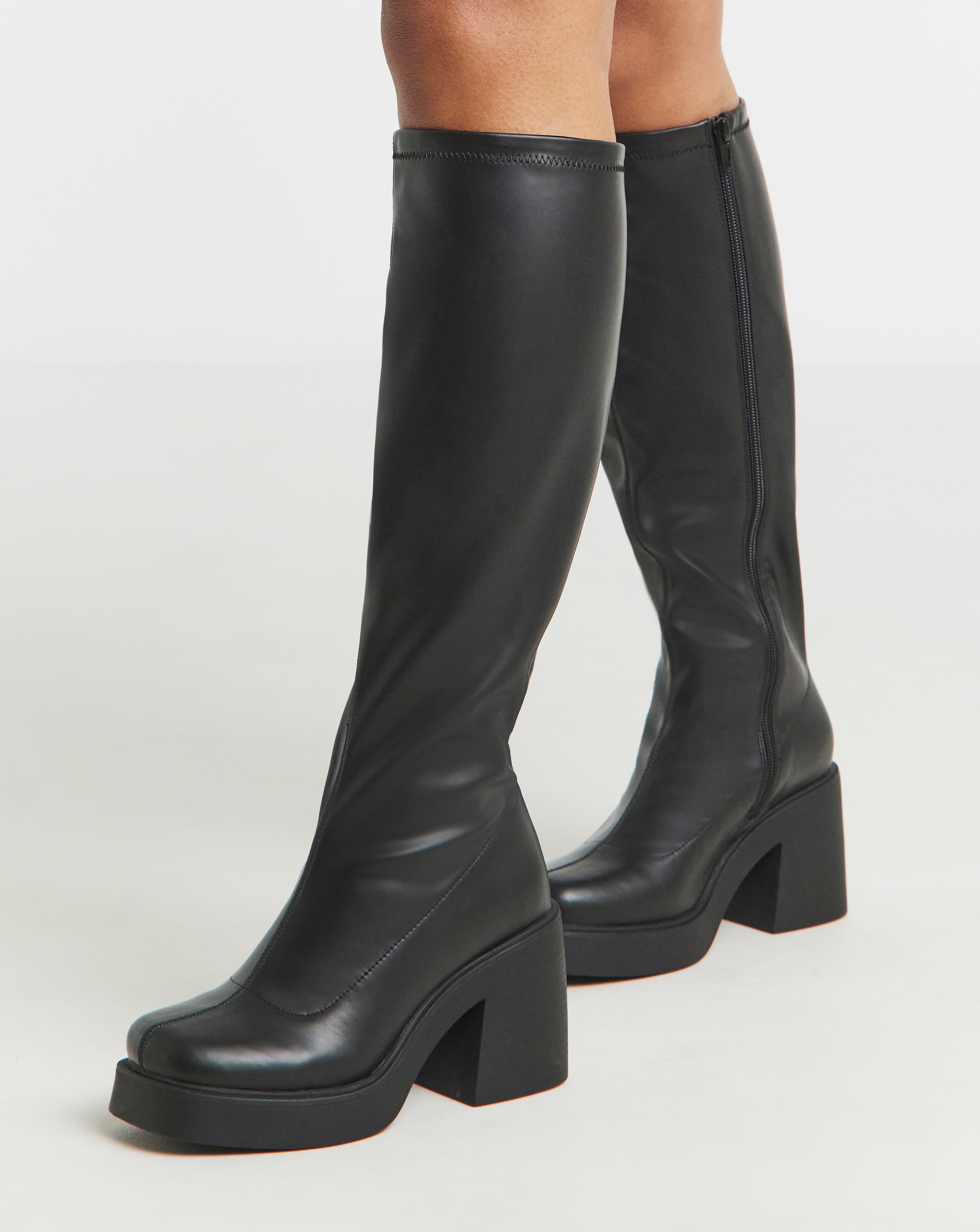 Block Heel Sock Knee High Boot Wide C