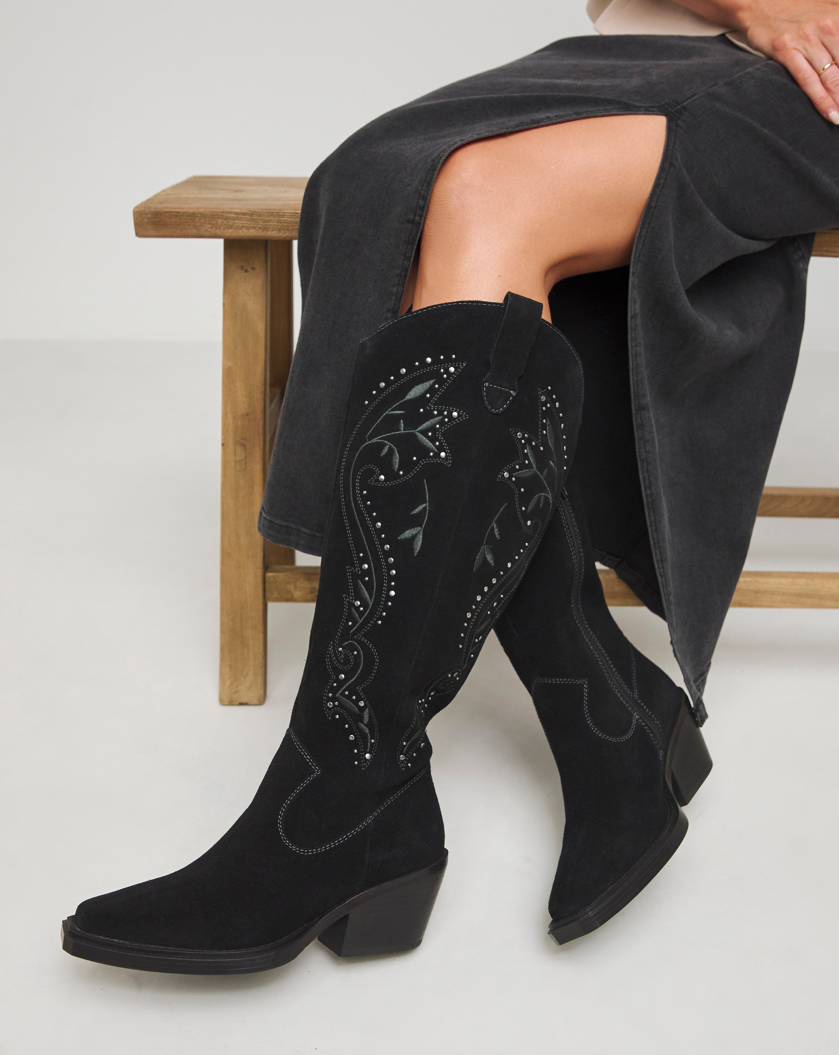 Embroidered Western Knee Boot Wide C
