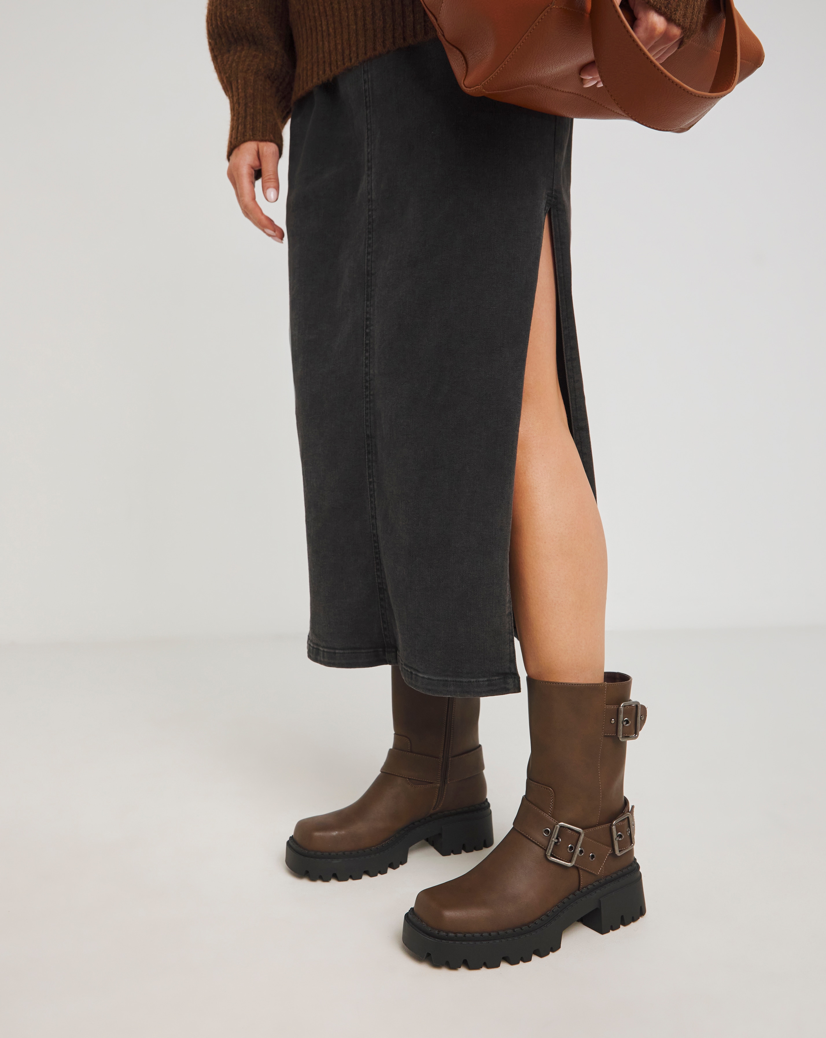 Chunky Buckle Ankle Biker Boot Wide