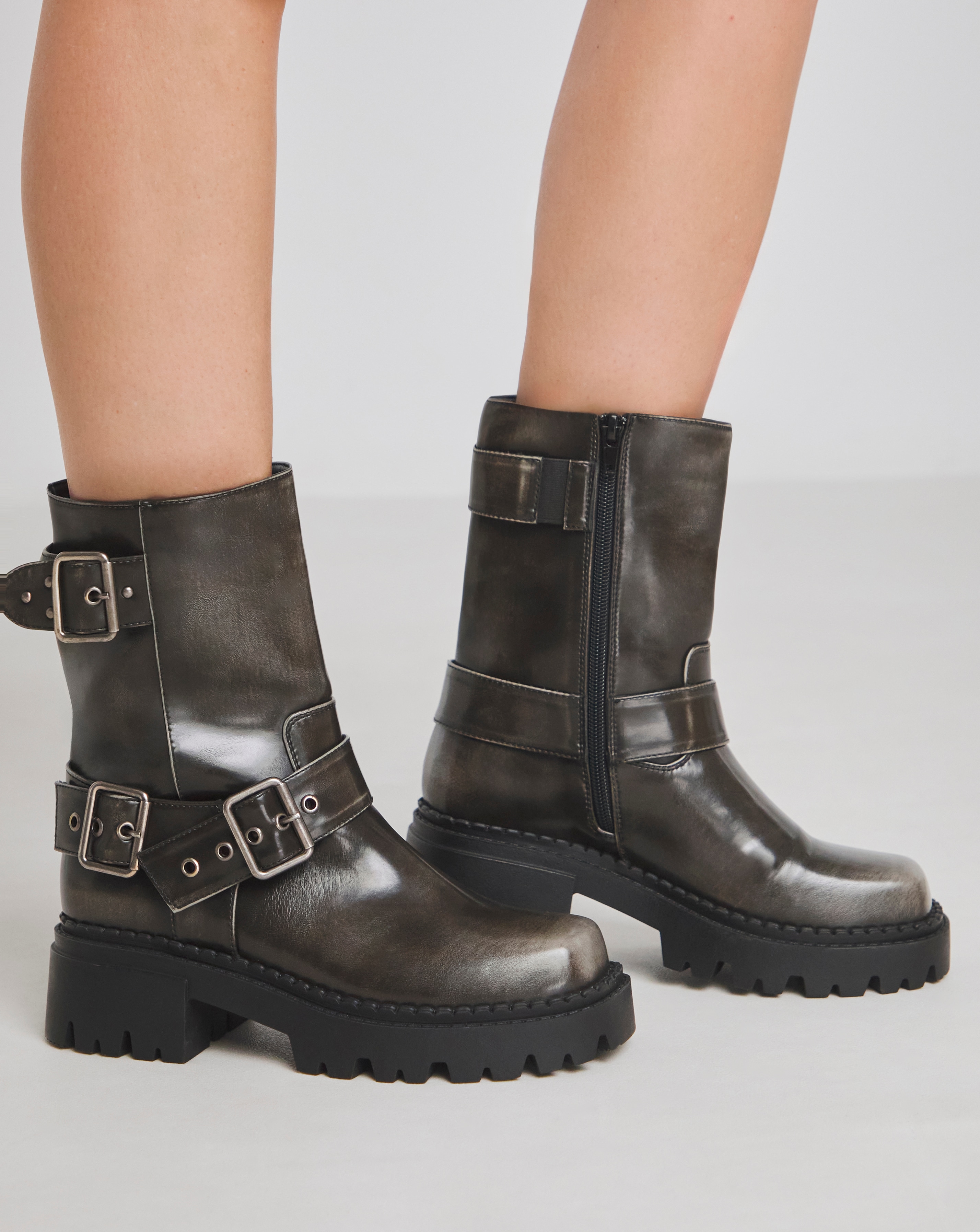 Chunky Buckle Ankle Biker Boot Wide