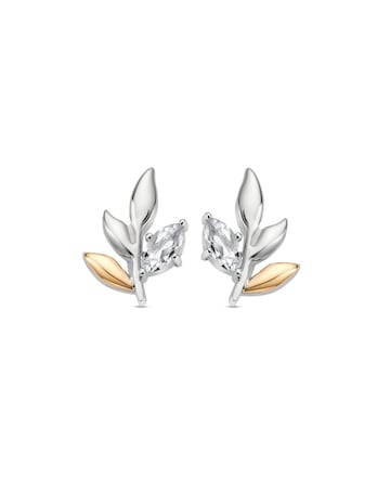 Royal Clogau Sterling Silver Leaf Stud Earrings with Topaz