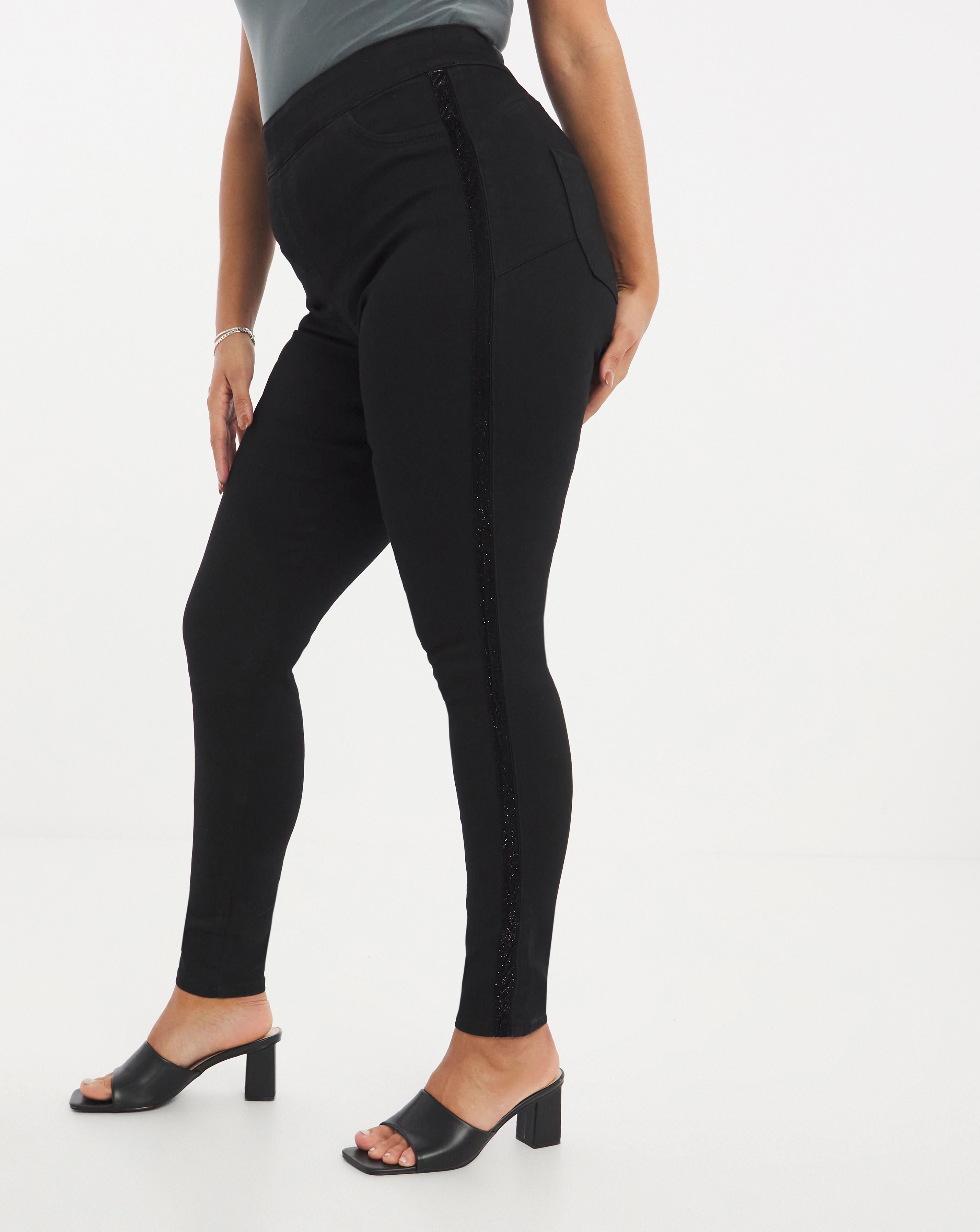 Sculpt Define Black Sparkle Side Stripe Skinny Jeggings Simply Be