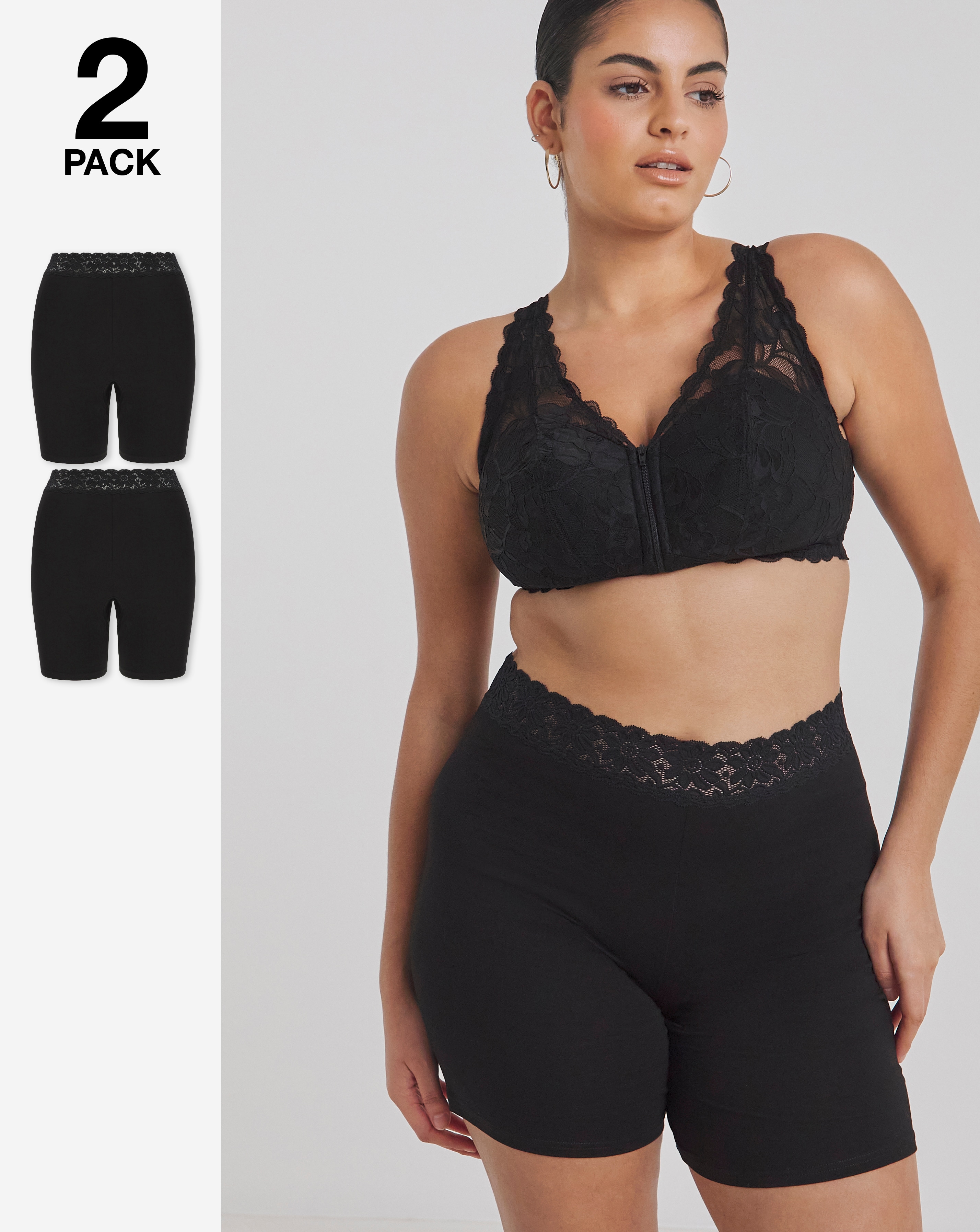 Pretty Secrets 2 Pack Cotton Comfort Lace Trim Shorts In Black/black | UK Size 41974 Women's