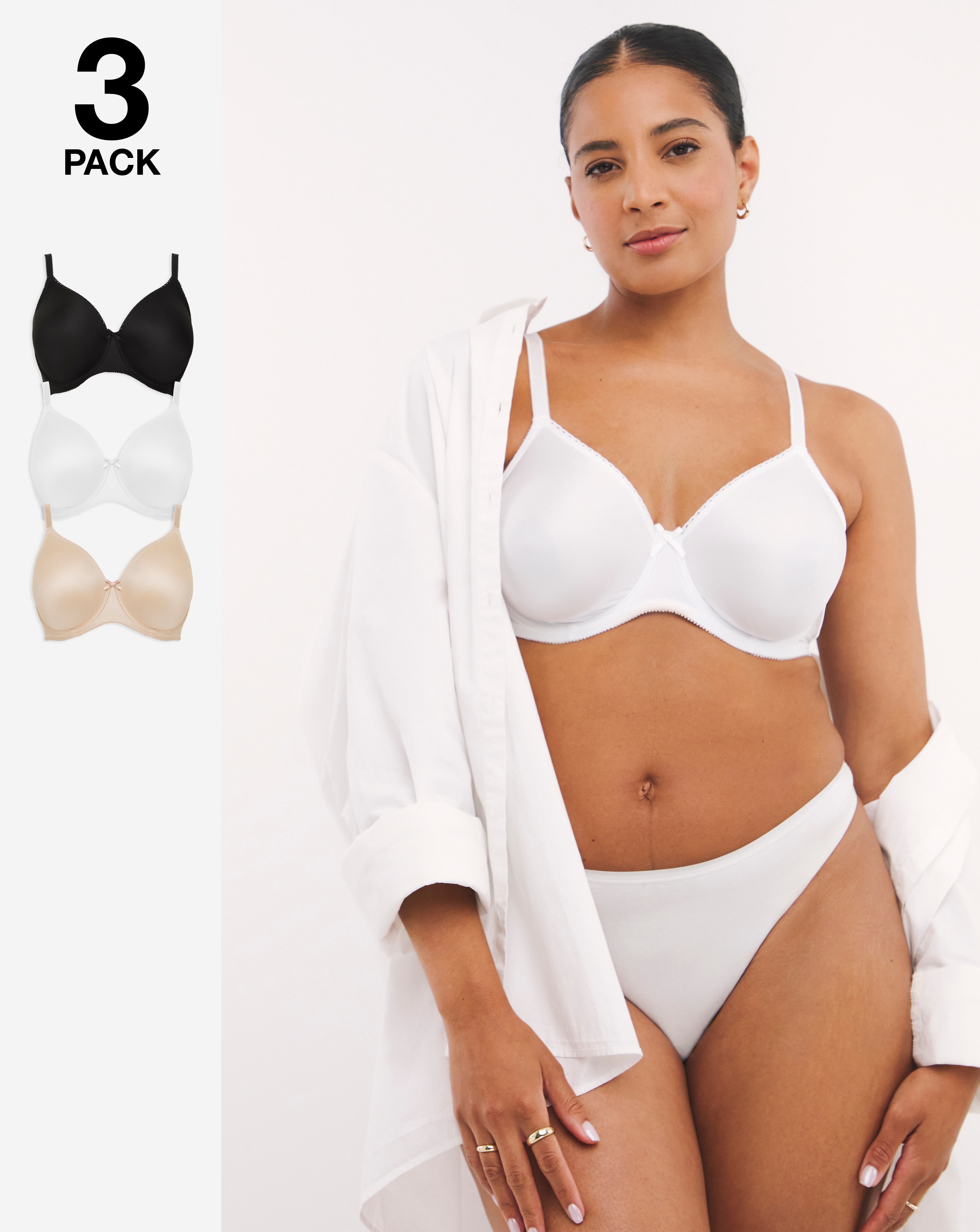 Simply Be 3 Pack Claire Full Cup Wired Bras In Black/white/almond | UK Size 34B Women's