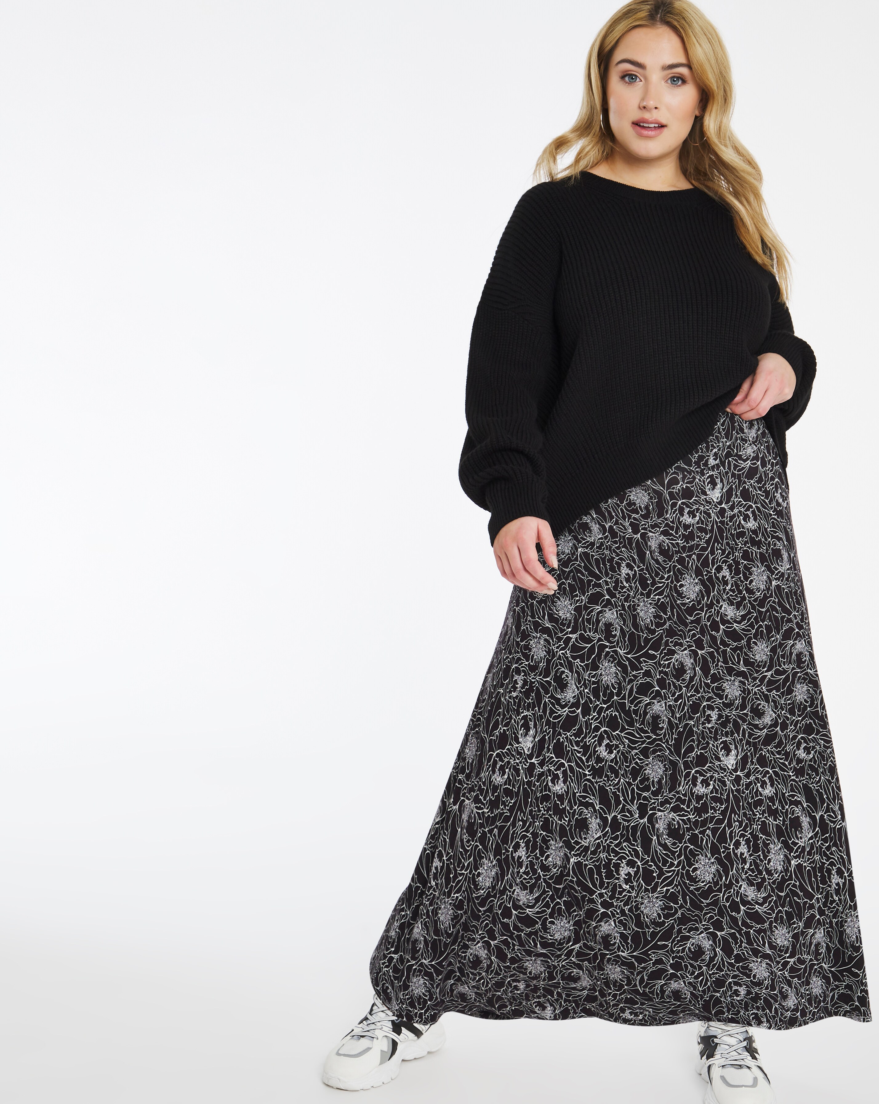 Mono Floral Print Jersey Maxi Skirt Simply Be