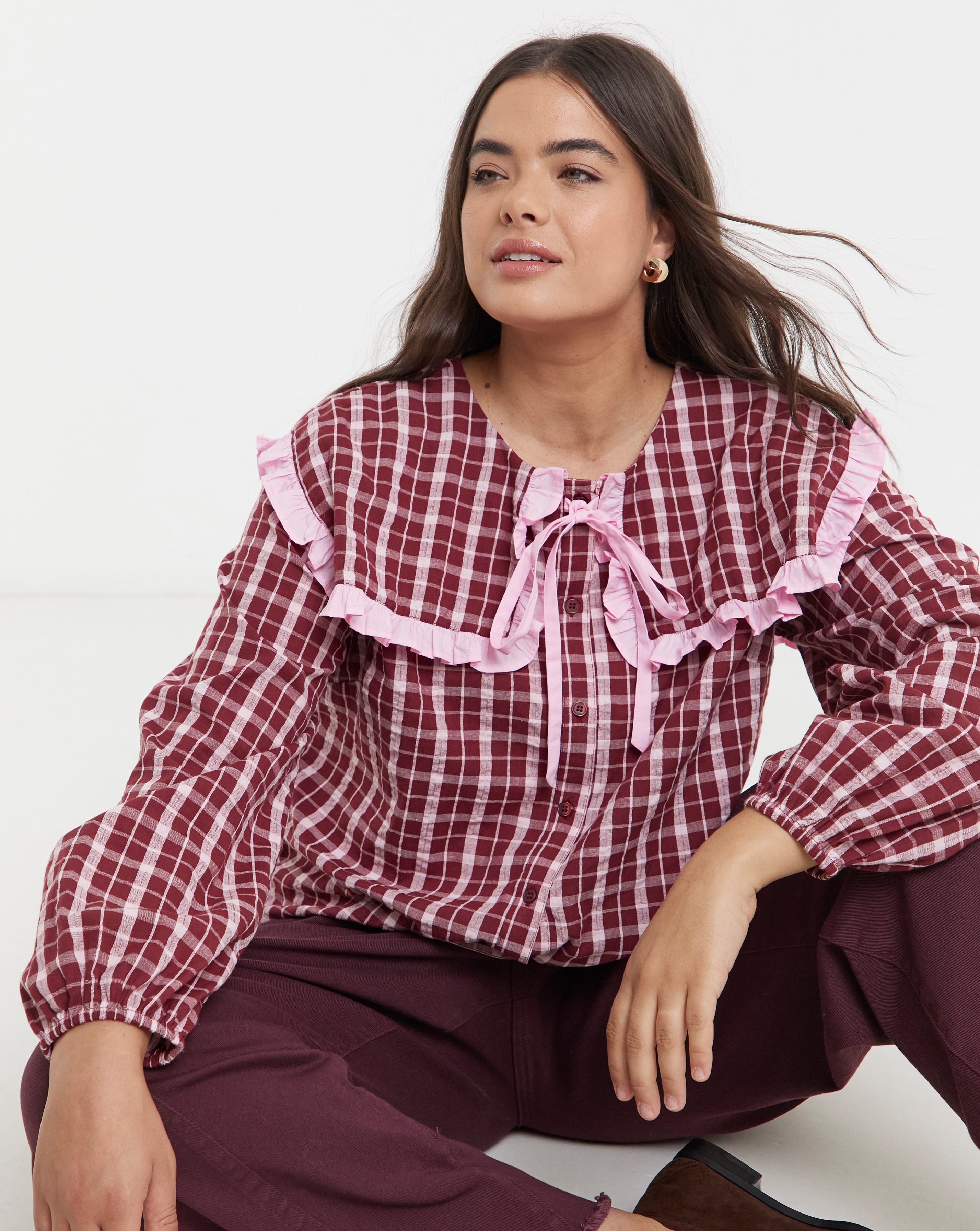 New In - Neon Rose Sailor Collar Checked Blouse