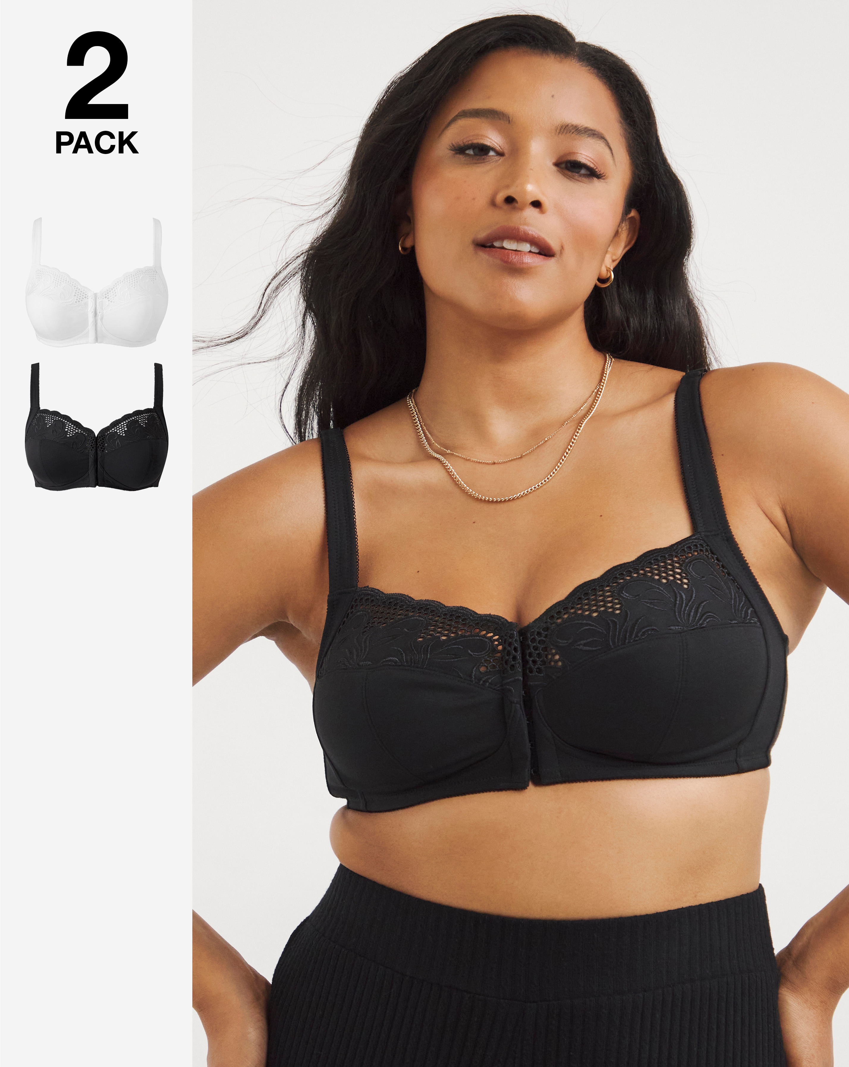 2 Pack Elana Black/Wht Front Fasten Bras
