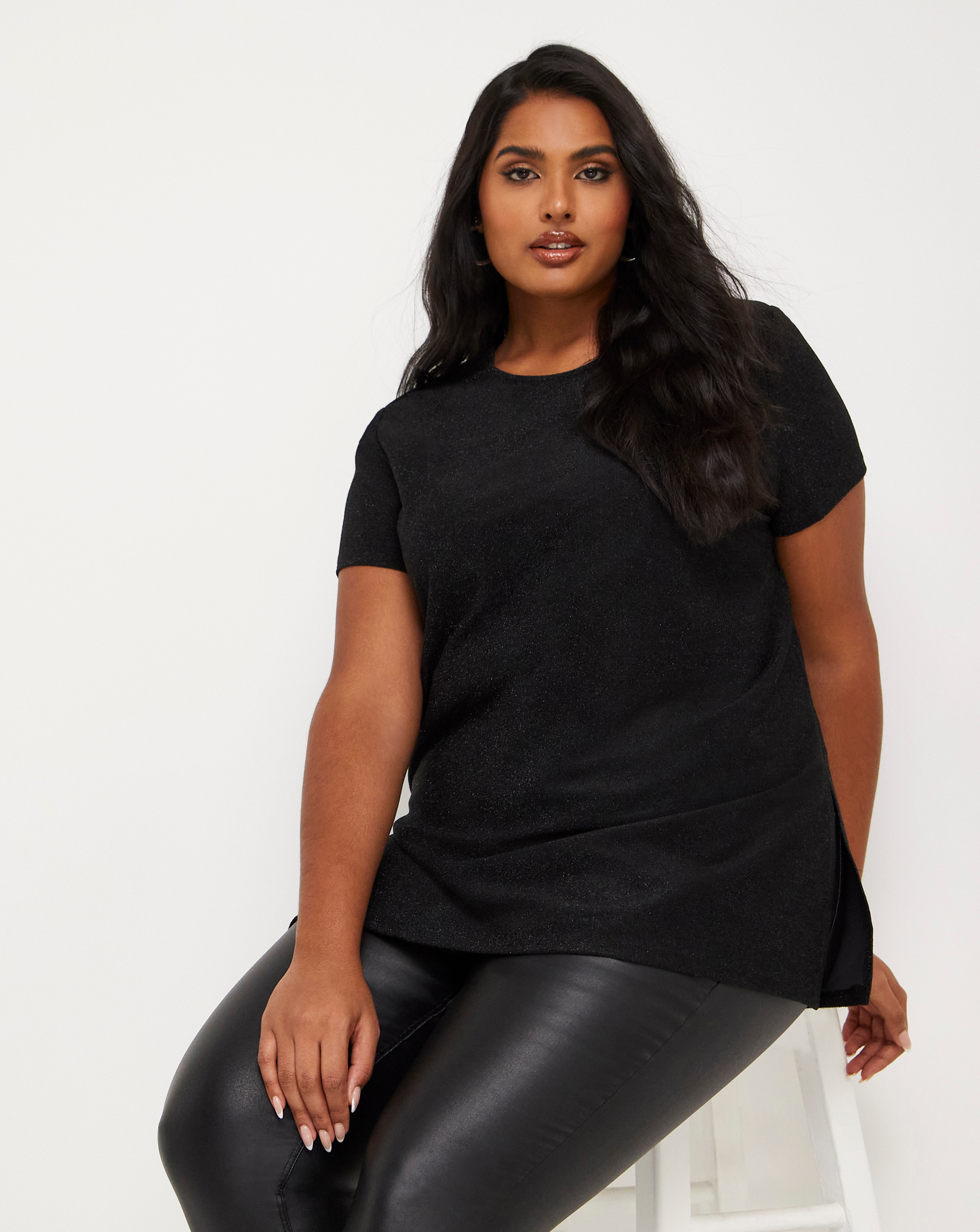 Black Glitter Knit Longline Split Hem Tee | Simply Be