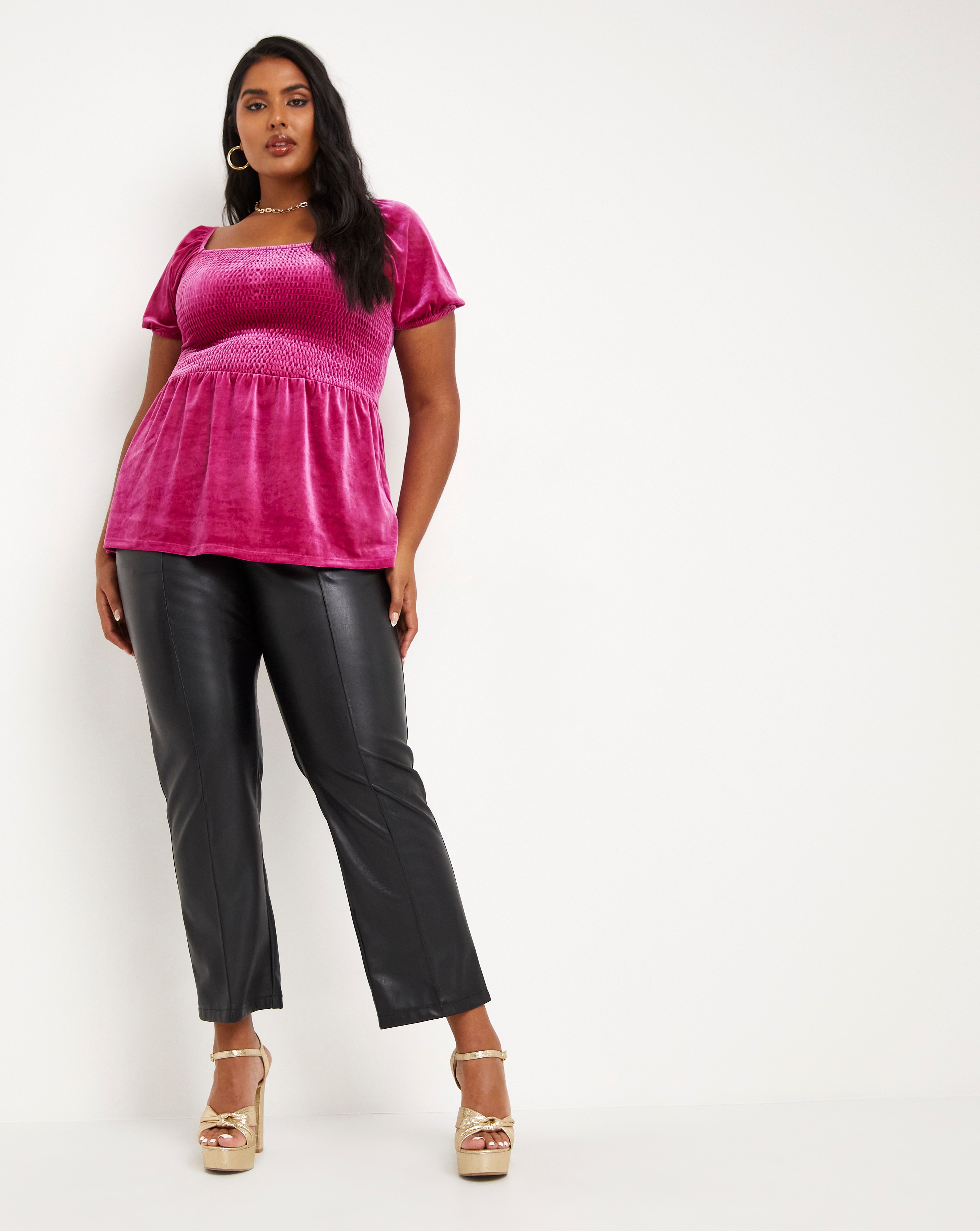 Fuchsia Shirred Velour Peplum Top