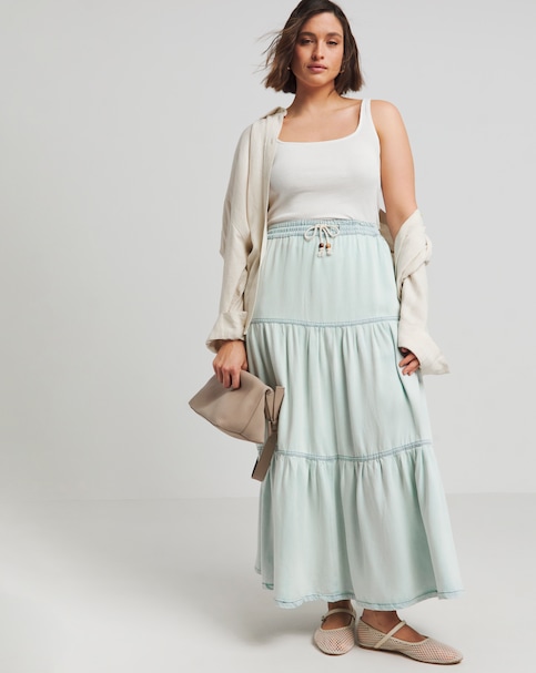Lightweight Denim Tiered Maxi Skirt