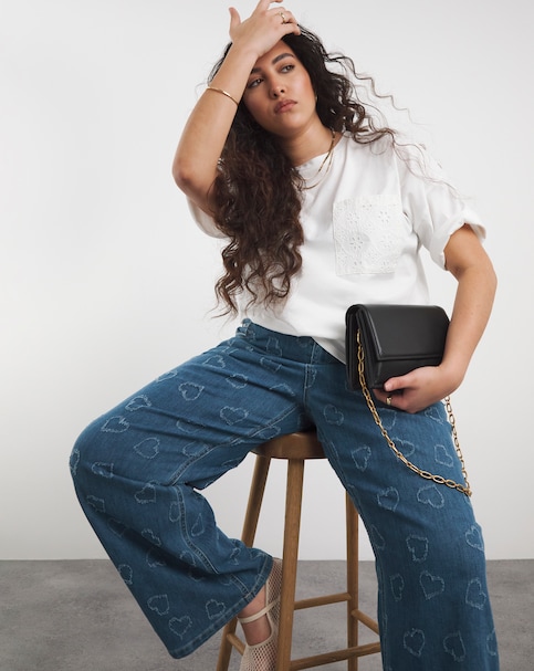 Mid Wash Distressed Heart Straight Jean - Mid Blue