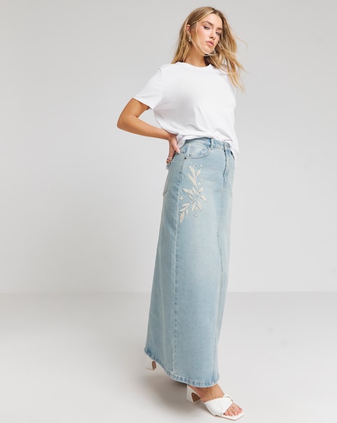 Vintage Wash Embroidered Maxi Skirt - Vintage Wash