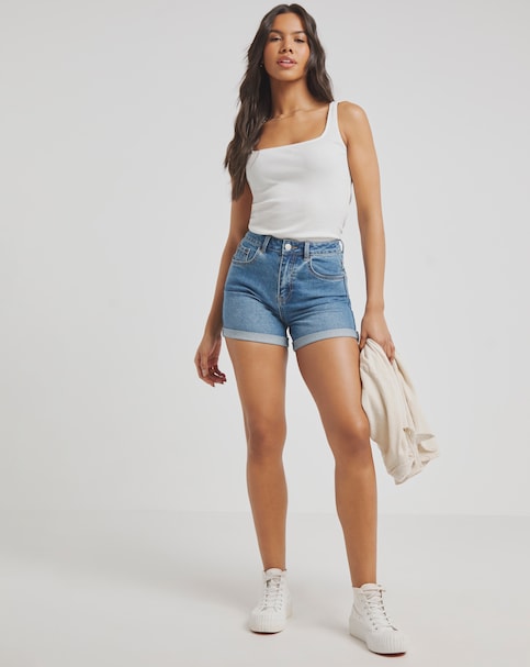 Simply Be Mid Blue Roll Hem Mom Shorts