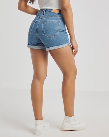 Mid Blue Roll Hem Mom Shorts