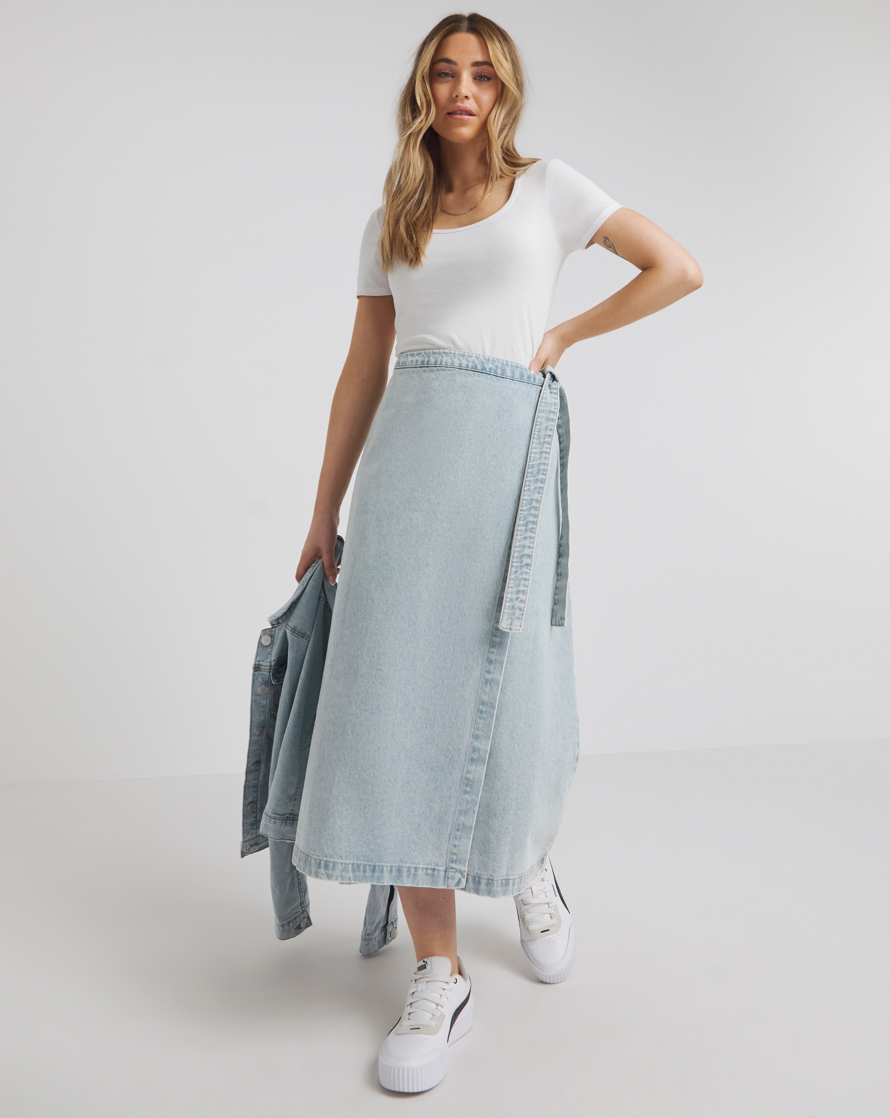 Light Wash Midaxi Wrap Denim Skirt