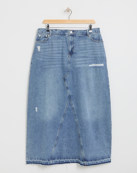 Light Rip and Repair Denim Maxi Skirt
